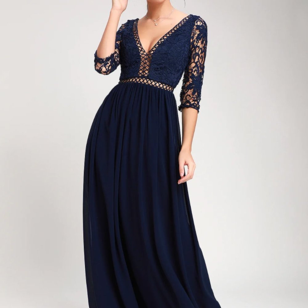 NWT LuLus - Avalynn Navy Blue Three-Quarter Sleeve Lace Maxi Dress